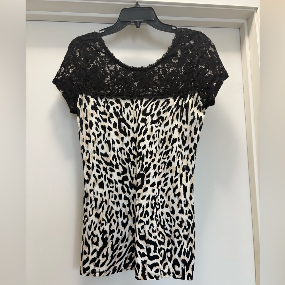 White House Black Market Black and White Lace Leopard Print Top